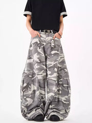 Urban camo oversized cargo sweatpants with multiple pockets and a relaxed fit.