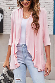 Blush pink waterfall cardigan with asymmetric hemline and 3/4 sleeves.
