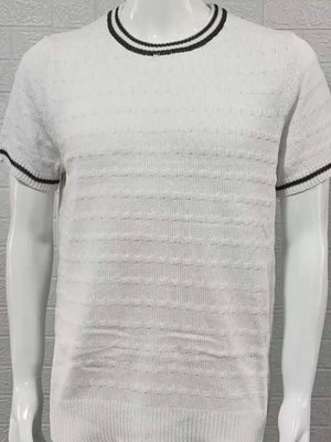 White textured knit t-shirt with black striped neckline and sleeves