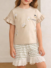 Baby beige embroidered ruffled tee and shorts set, cotton.