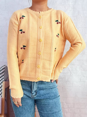 Yellow cherry embroidered button up cardigan with scalloped hem and cuffs.