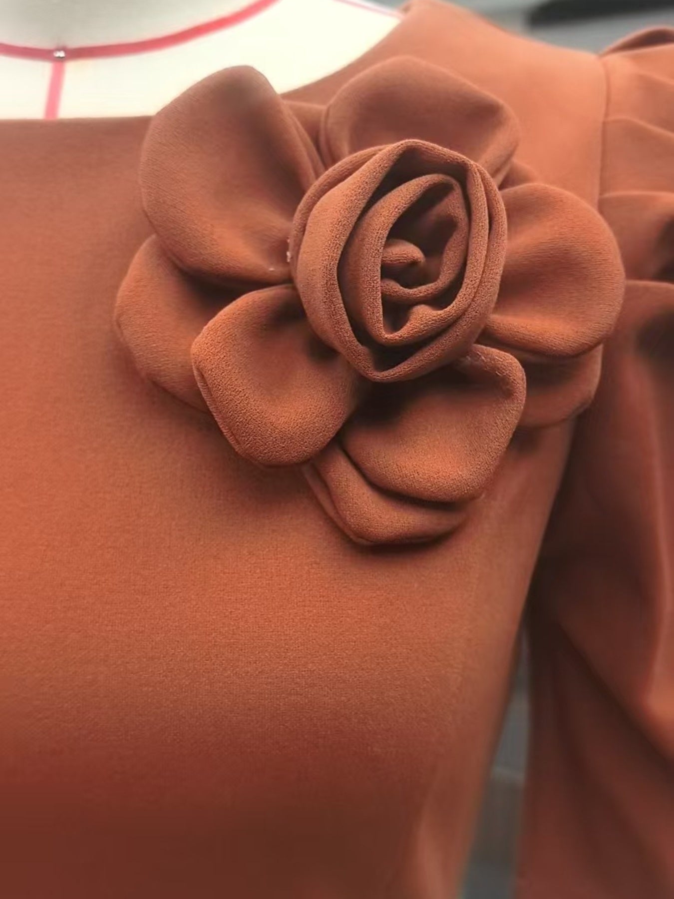 Brown cotton bodycon midi dress with 3D floral detail on shoulder