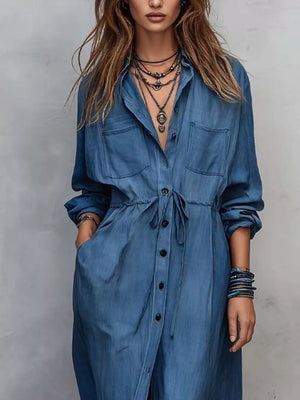 Full Size Button Front Long Sleeve Shirt Dress Plus Size in Apricot, side view