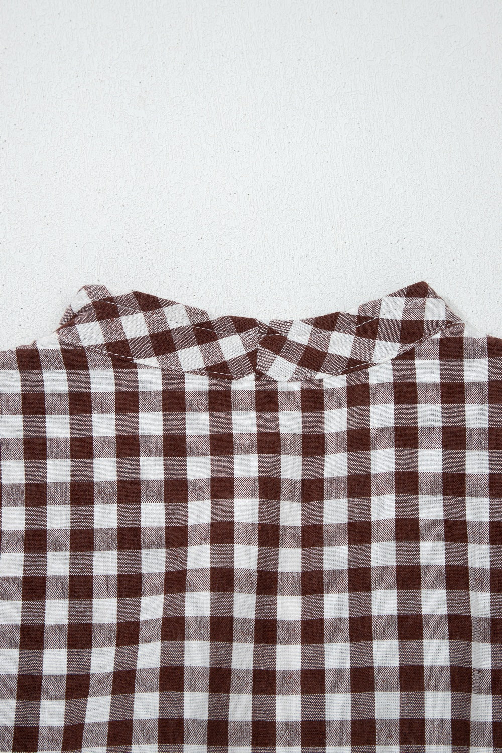 Gingham zip-front midi dress in taupe cotton with a pointed collar.