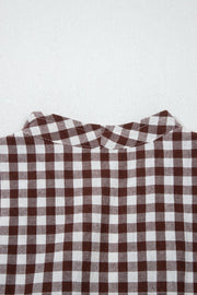 Gingham zip-front midi dress in taupe cotton with a pointed collar.