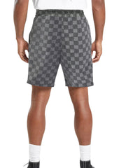 Men's dark gray checkered chino shorts with drawstring waist.