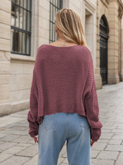 Mauve acrylic cable knit cocoon sweater with wide neckline and cropped hem