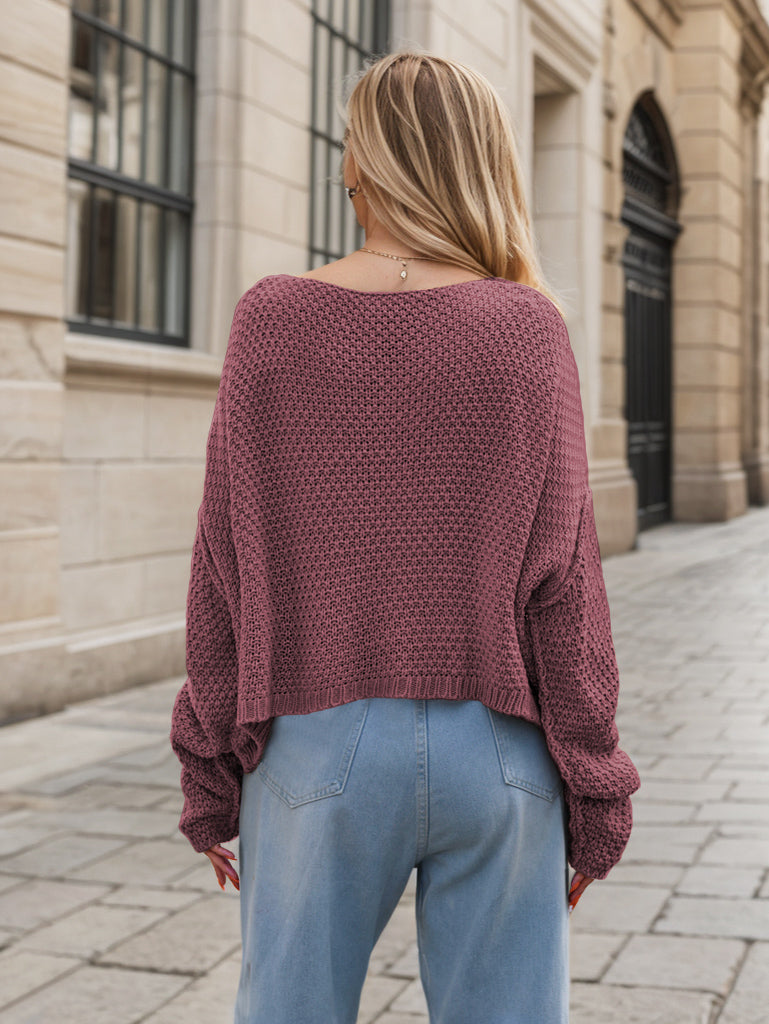 Mauve acrylic cable knit cocoon sweater with wide neckline and cropped hem