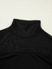 Black sheer mesh maternity shirt with a ruched high neck.