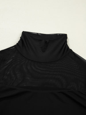 Black sheer mesh maternity shirt with a ruched high neck.