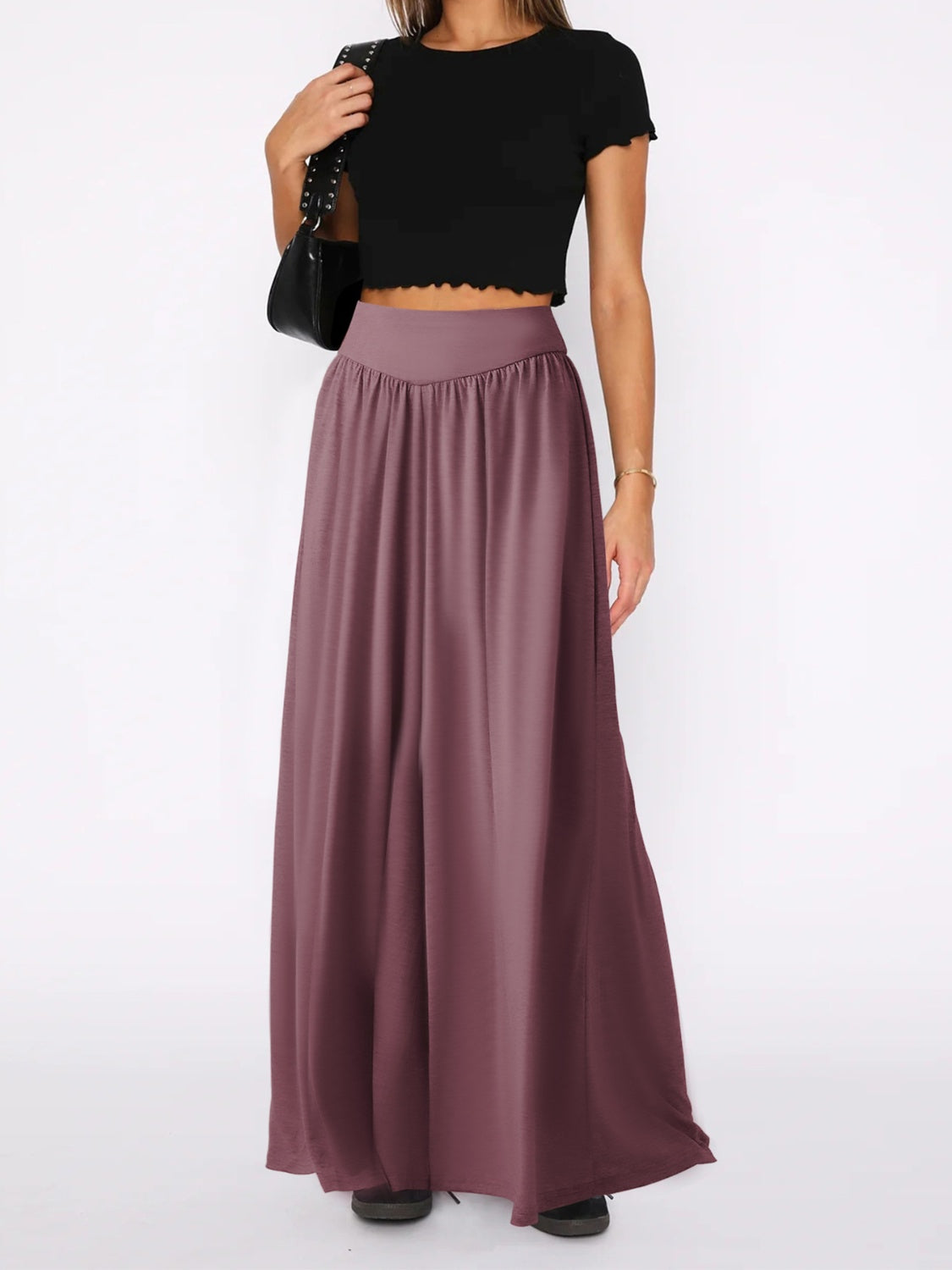 Drape-front wide-leg jersey trousers in Moonlit Mauve with a high waist.