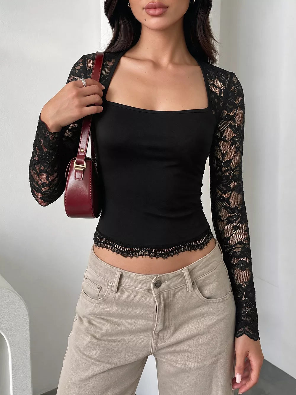 Lace Sleeve Square Neck Top in Black, side view