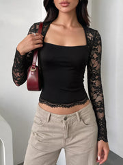 Lace Sleeve Square Neck Top in Black, side view