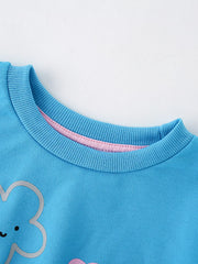 Sky blue cotton sweatshirt with floral print and pink lining detail.