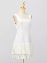 White square neck mini dress with tiered pleated hem