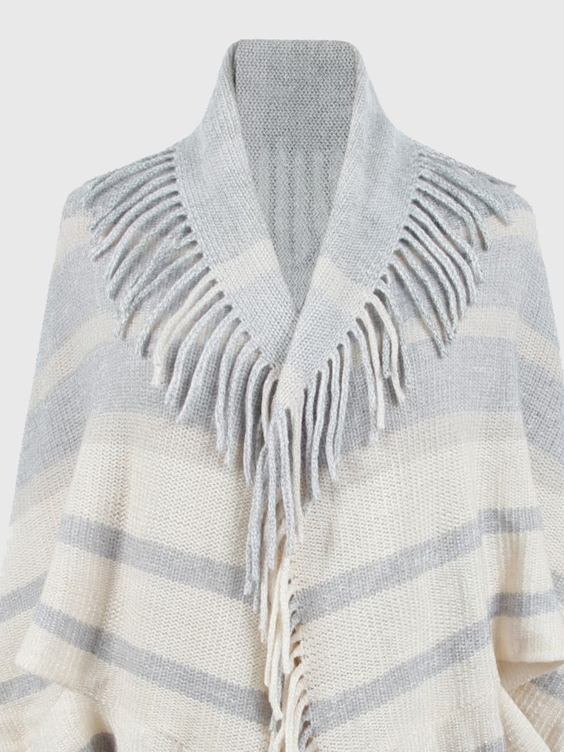 Textured fringe capelet in ivory and charcoal stripes with a shawl collar.