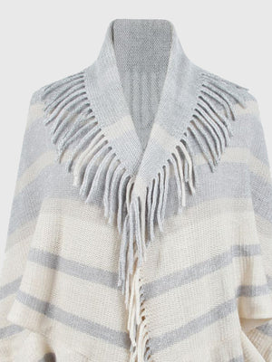 Textured fringe capelet in ivory and charcoal stripes with a shawl collar.