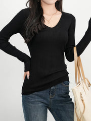 Black ribbed V-neck fitted knit sweater with long sleeves.
