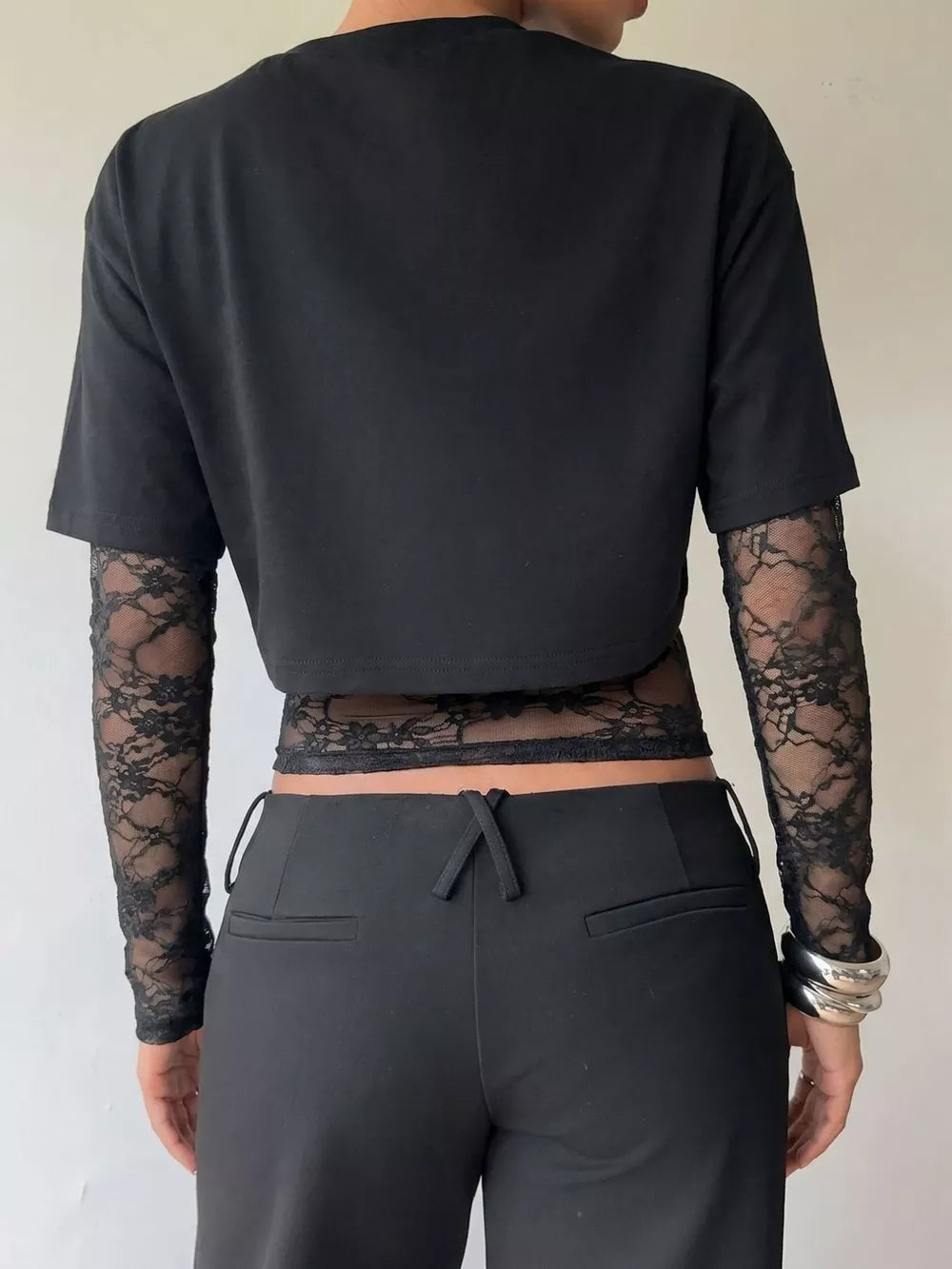 Lace Patchwork Short Sleeve T-shirt in Black, model styling view