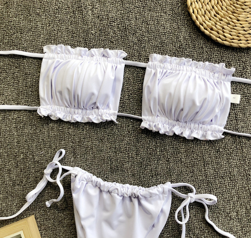 White ruffled bandeau bikini set with tie-side bottoms