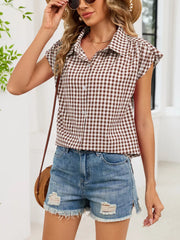 Plaid Button Up Cap Sleeve Shirt in Blue, view 21