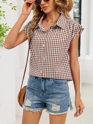 Plaid Button Up Cap Sleeve Shirt in Blue, view 21