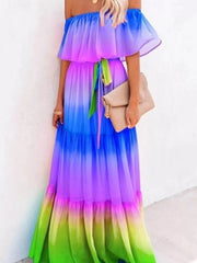 Off-shoulder tiered maxi dress with gradient blue, purple, pink, and green ombre.