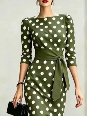 Full Size Polka Dot 3/4 Sleeve Midi Dress, alternate angle
