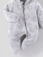 Gray plush hooded one-piece for baby with allover bear print and zipper closure.