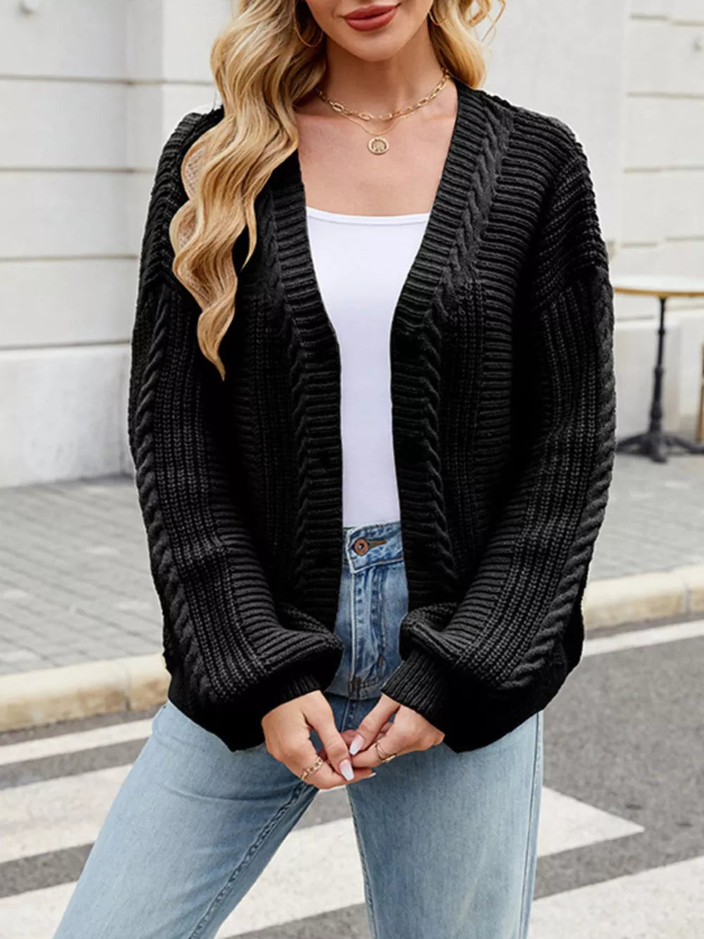 Cable Knit Button-up Cardigan in Black, product detail