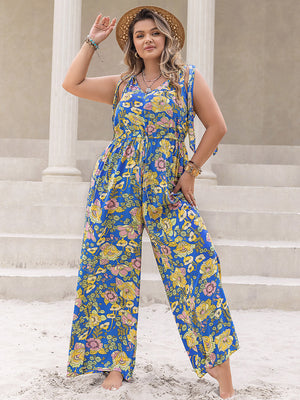 Blue floral tie-shoulder wide-leg jumpsuit with a drawstring waist.