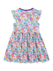 Baby girls' lavender cotton dress with colorful heart and butterfly print, flutter sleeves.