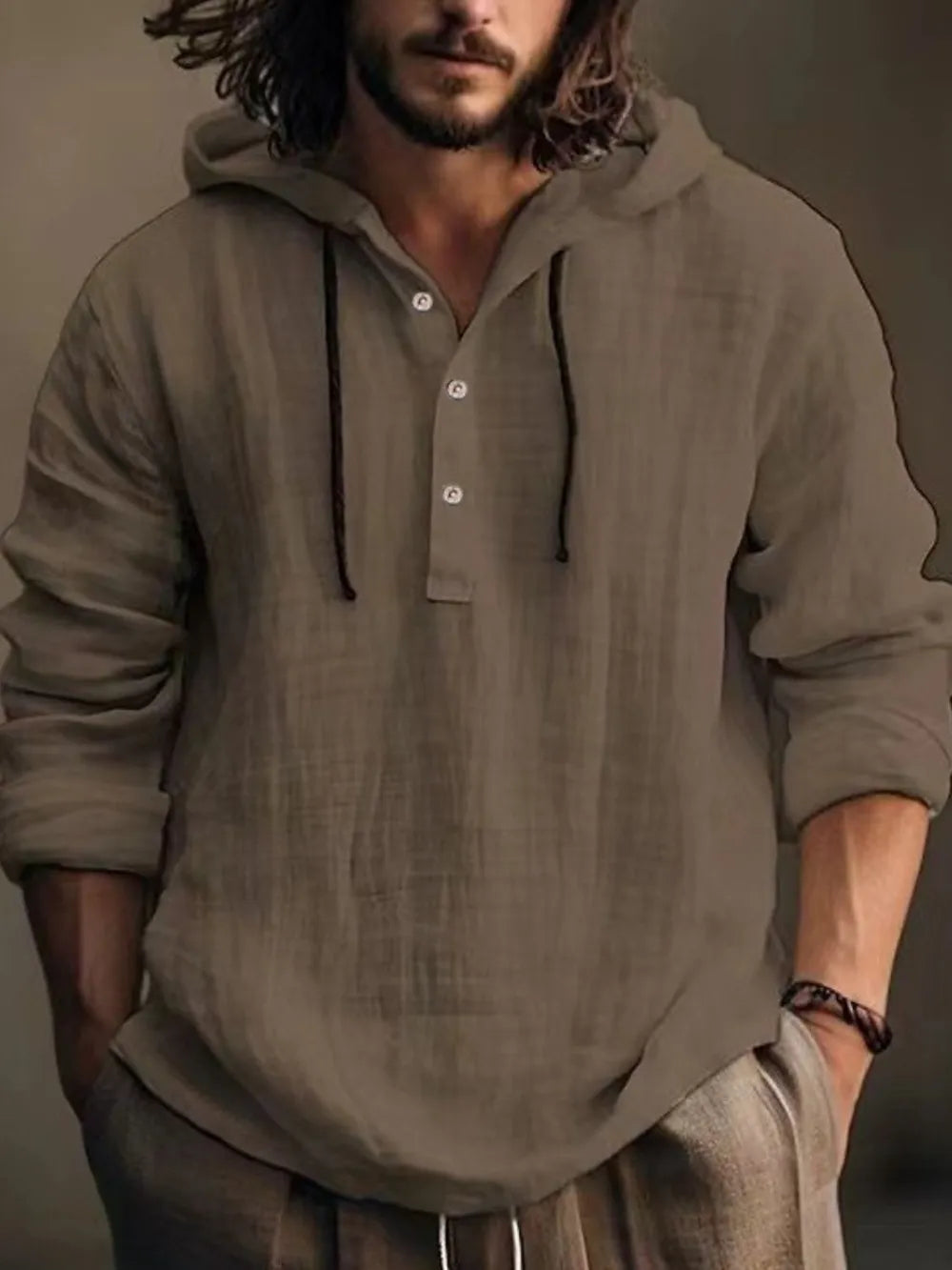 Coffee brown linen henley hooded pullover with button placket and drawstring.