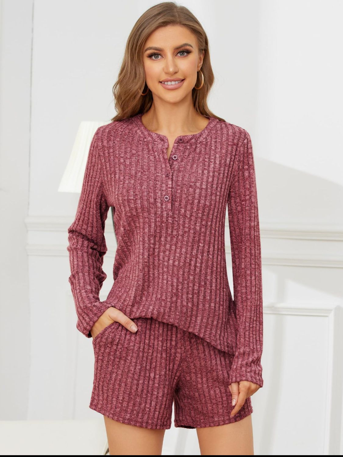 Ribbed henley loungewear set in cerise with button detail and shorts.