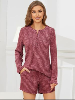 Ribbed henley loungewear set in cerise with button detail and shorts.