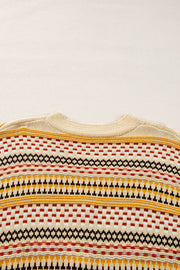 Geometric knit cropped cardigan in khaki with fair isle pattern and crew neck.