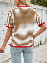 Striped knit tee with red trim and collar, short sleeves, casual fit.