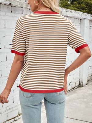 Striped knit tee with red trim and collar, short sleeves, casual fit.
