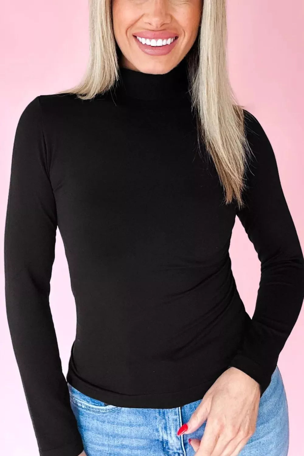 Black long sleeve slim-fit turtleneck shirt with a high neck.