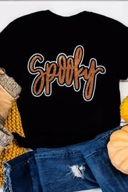 Black cotton t-shirt with sequin "Spooky" script graphic