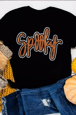 Black cotton t-shirt with sequin "Spooky" script graphic