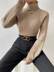 Mocha ribbed turtleneck knit sweater with long sleeves and a high neck.