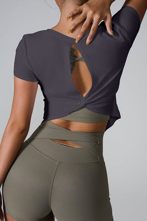 Dark Gray Twisted Back Active Tee with short sleeves and a cutout detail.