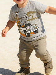 Grey cotton toddler t-shirt with safari adventure graphic, featuring a jeep with a giraffe and rhino.
