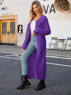 Longline knit collar cardigan in Violet, featuring a relaxed fit and open front.