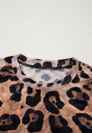 Sheer leopard print second-skin top with crew neck