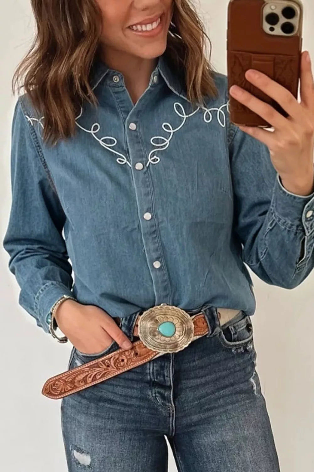 Embroidered Western Denim Top in Dusty Blue, side view