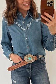 Embroidered Western Denim Top in Dusty Blue, side view
