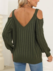 Army green open shoulder cable knit sweater with V-neck and ribbed detail