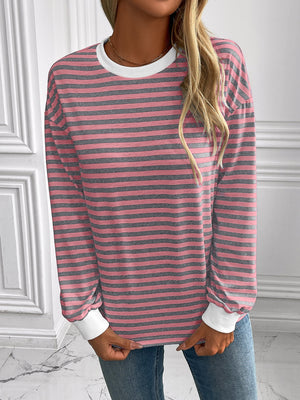 Horizontal stripe crewneck sweatshirt with white cuffs in Dusty Pink and grey.